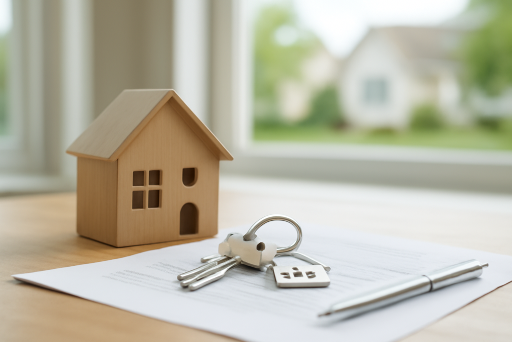 Wooden house model with keys and documents on desk, real house visible through window