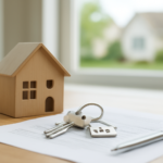 Wooden house model with keys and documents on desk, real house visible through window