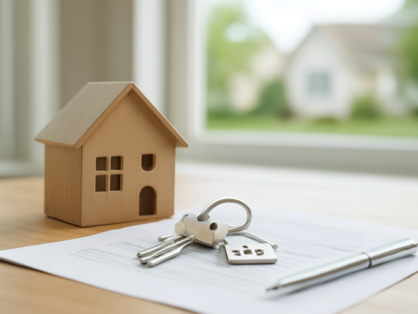 Wooden house model with keys and documents on desk, real house visible through window